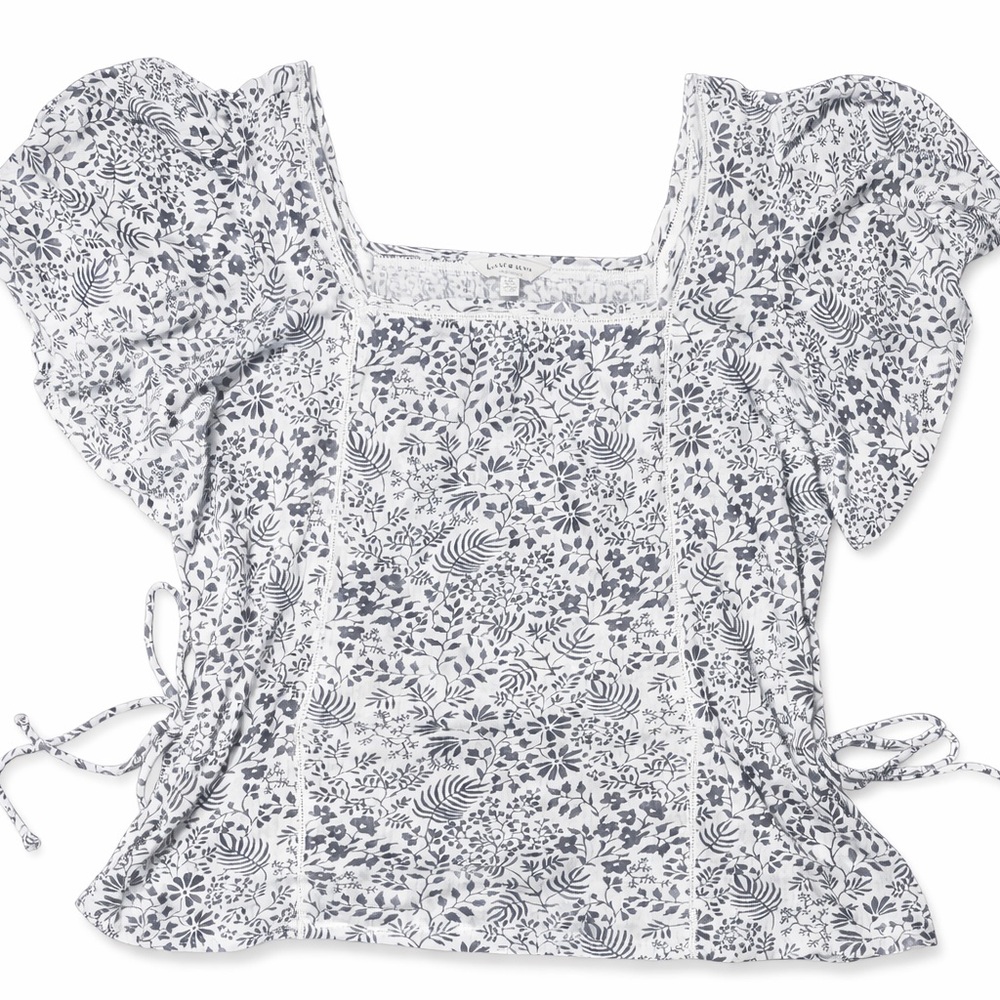 Lucky Brand Floral Puff Sleeve Square Neck Side Tie Top White L